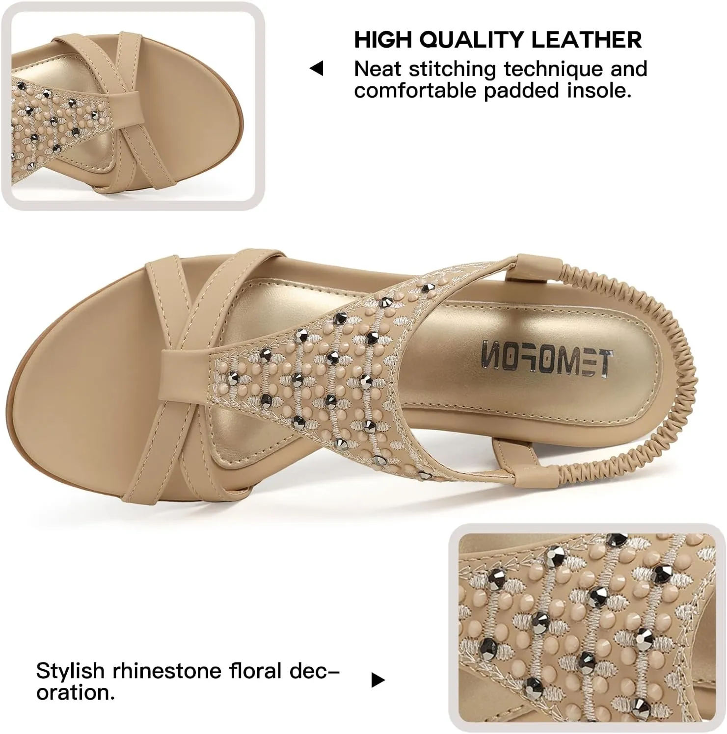 TEMOFON Women's Low Wedge Heels Summer Dressy Platform Sandals Elastic Ankle Strap Open Toe Flower Shoes