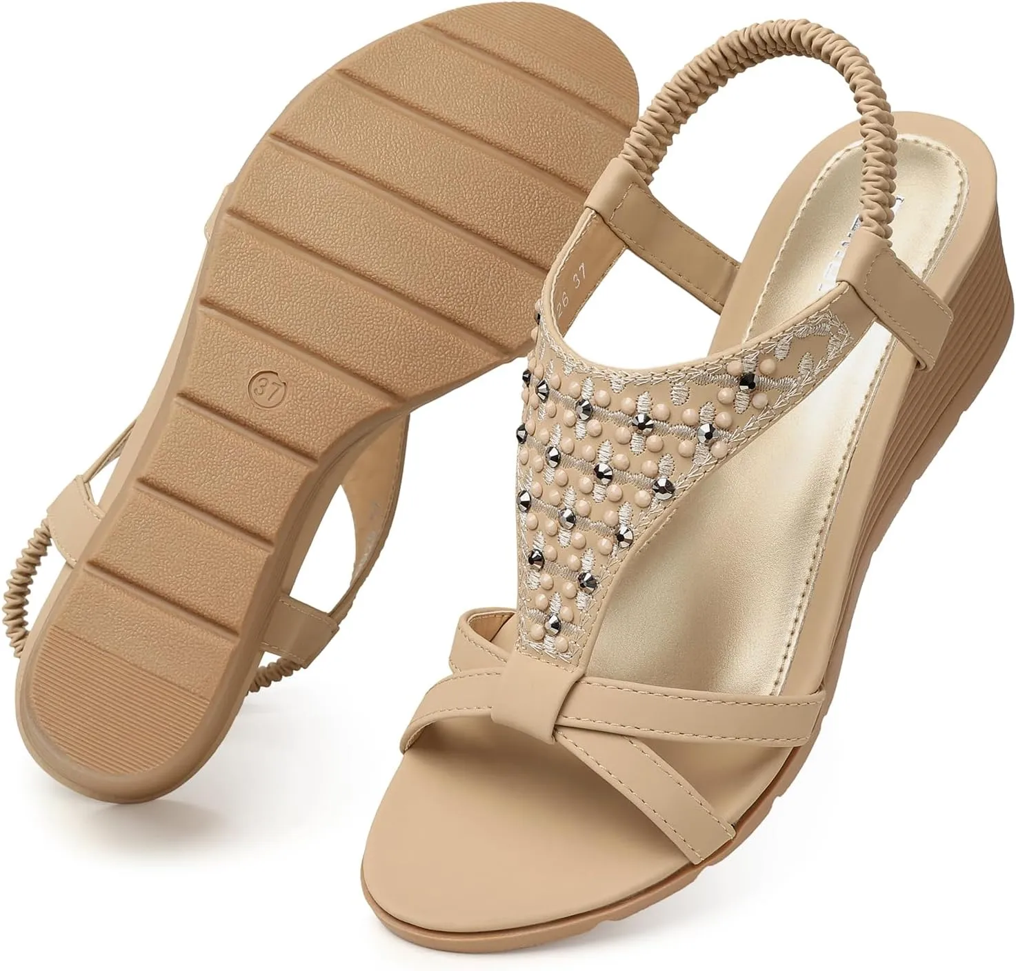 TEMOFON Women's Low Wedge Heels Summer Dressy Platform Sandals Elastic Ankle Strap Open Toe Flower Shoes