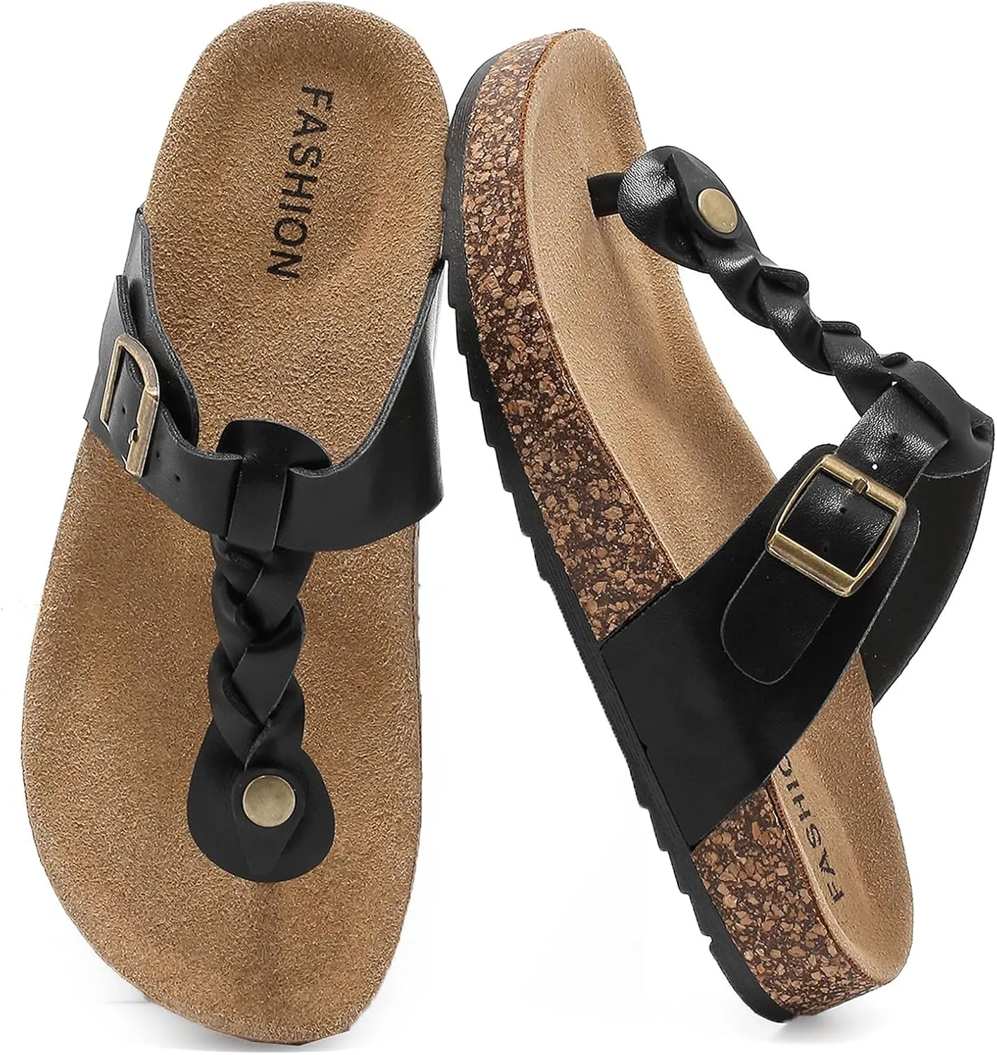 Thong Sandals for Women & Men，Non-slip Flip Flops with Cork Footbed Adjustable Buckle Summer Women Footwear Beach Essentials Slides