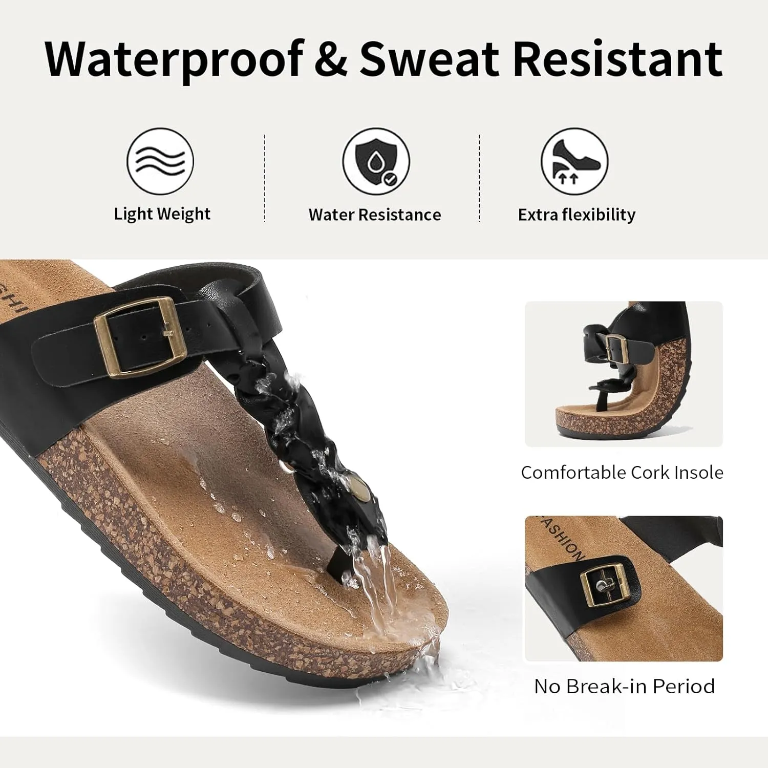 Thong Sandals for Women & Men，Non-slip Flip Flops with Cork Footbed Adjustable Buckle Summer Women Footwear Beach Essentials Slides