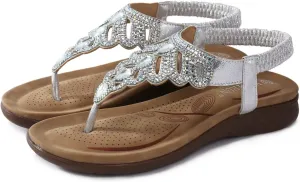 Thong Sandals for Women Dressy,Bohemian Rhinestone Flats Shoes Elastic Strap Flip Flops Summer Beach Walking Sandals