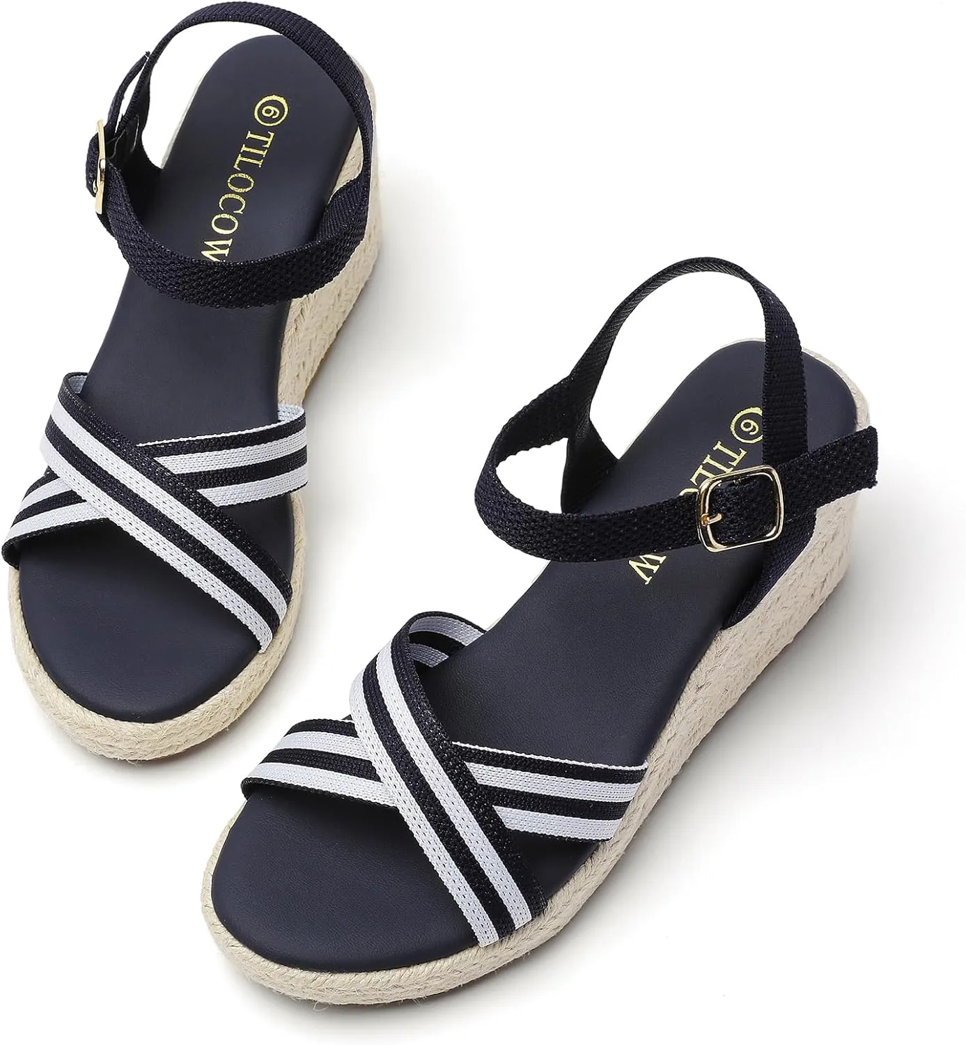 Tilocow Espadrilles Wedges for Women Knit Platform Heels Open Toe Ankle Strap Sandals Beach Casual Dress Shoes