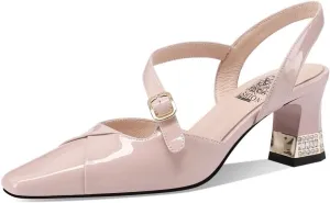 TinaCus Glossy Patent Leather Women's Closed Toe Rhinestones Block Heels Handmade Strap Buckle Sandals