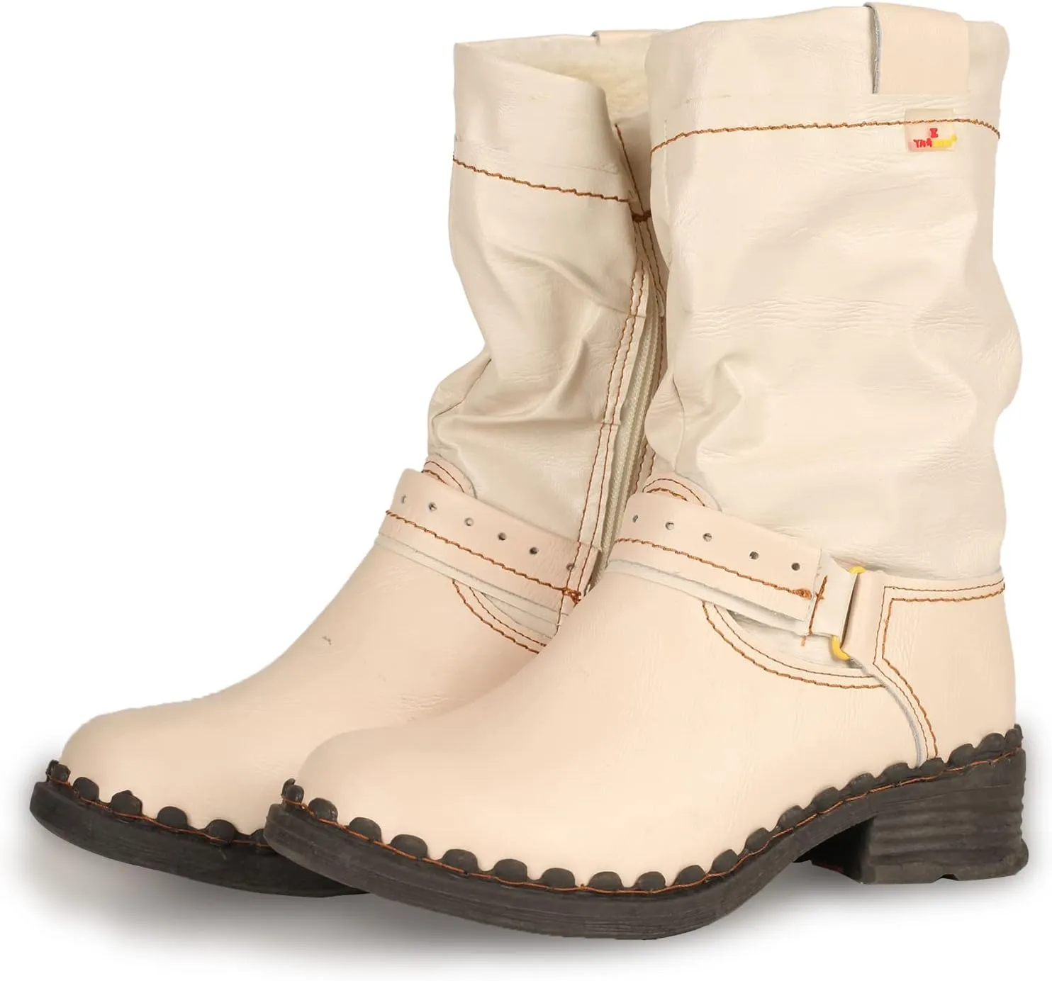 TMA EYES Buckle-Accent Leather Faux Fur Women Boots