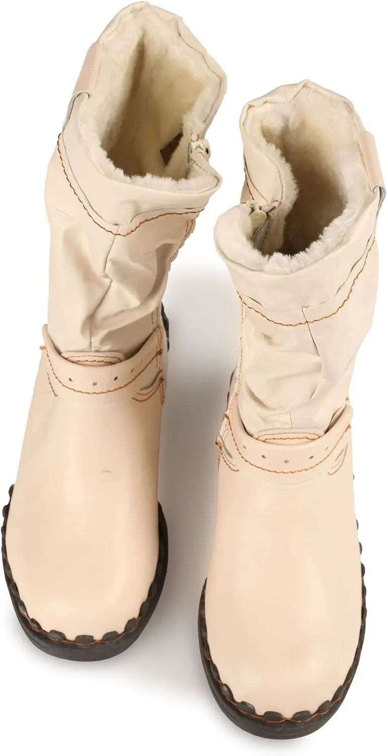 TMA EYES Buckle-Accent Leather Faux Fur Women Boots