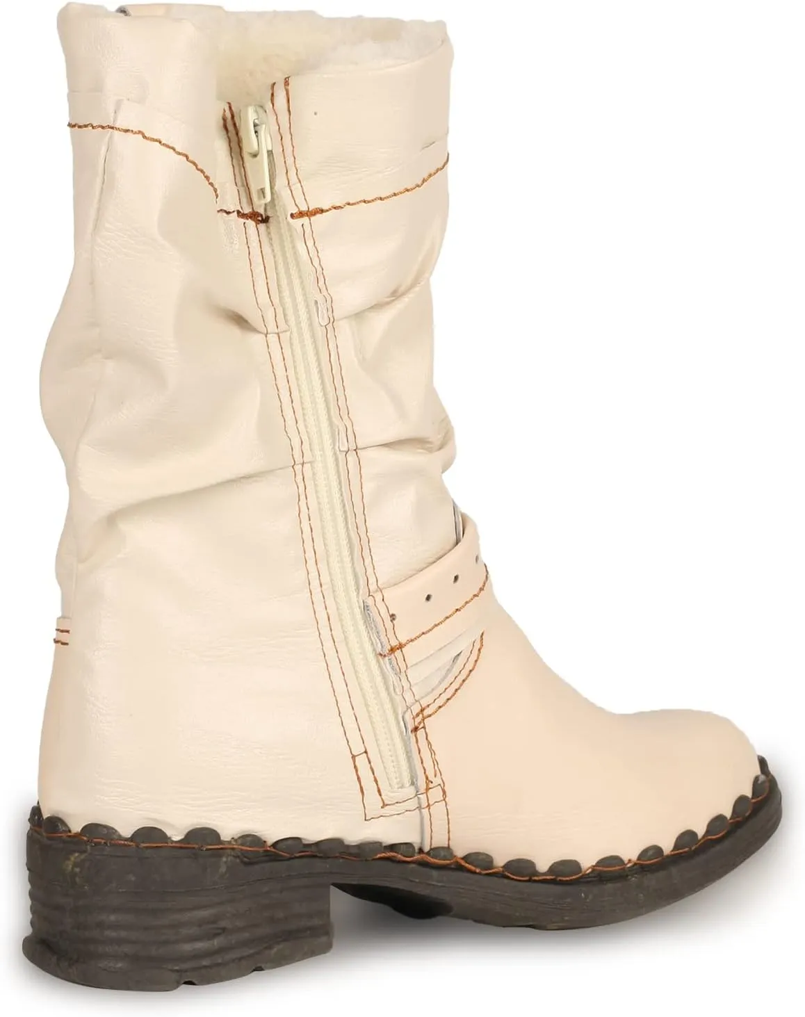 TMA EYES Buckle-Accent Leather Faux Fur Women Boots