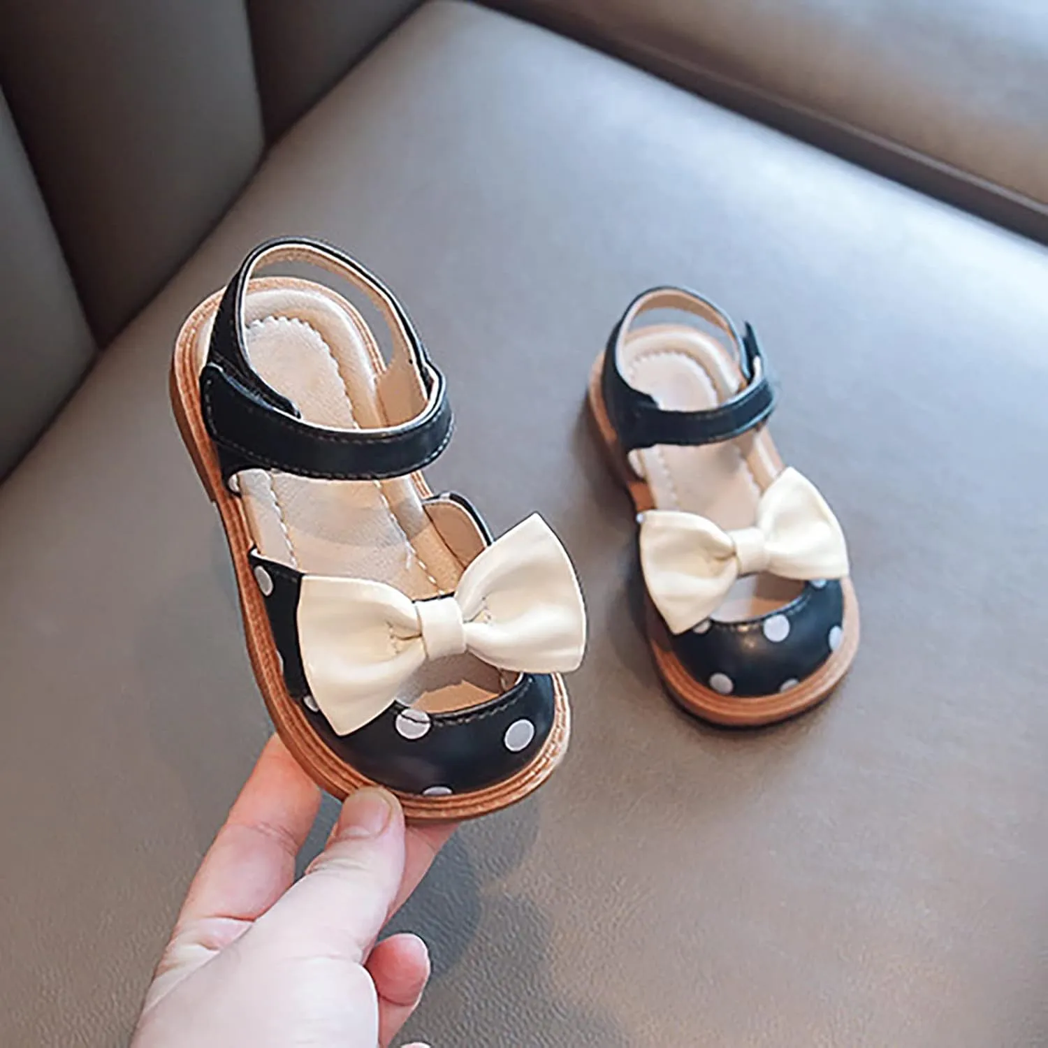 Toddler Girls Sandals Polka Dot Decorated Closed Toe Open Toe Heel Sandals Bow Princess Shoes Beach Girls Sandals