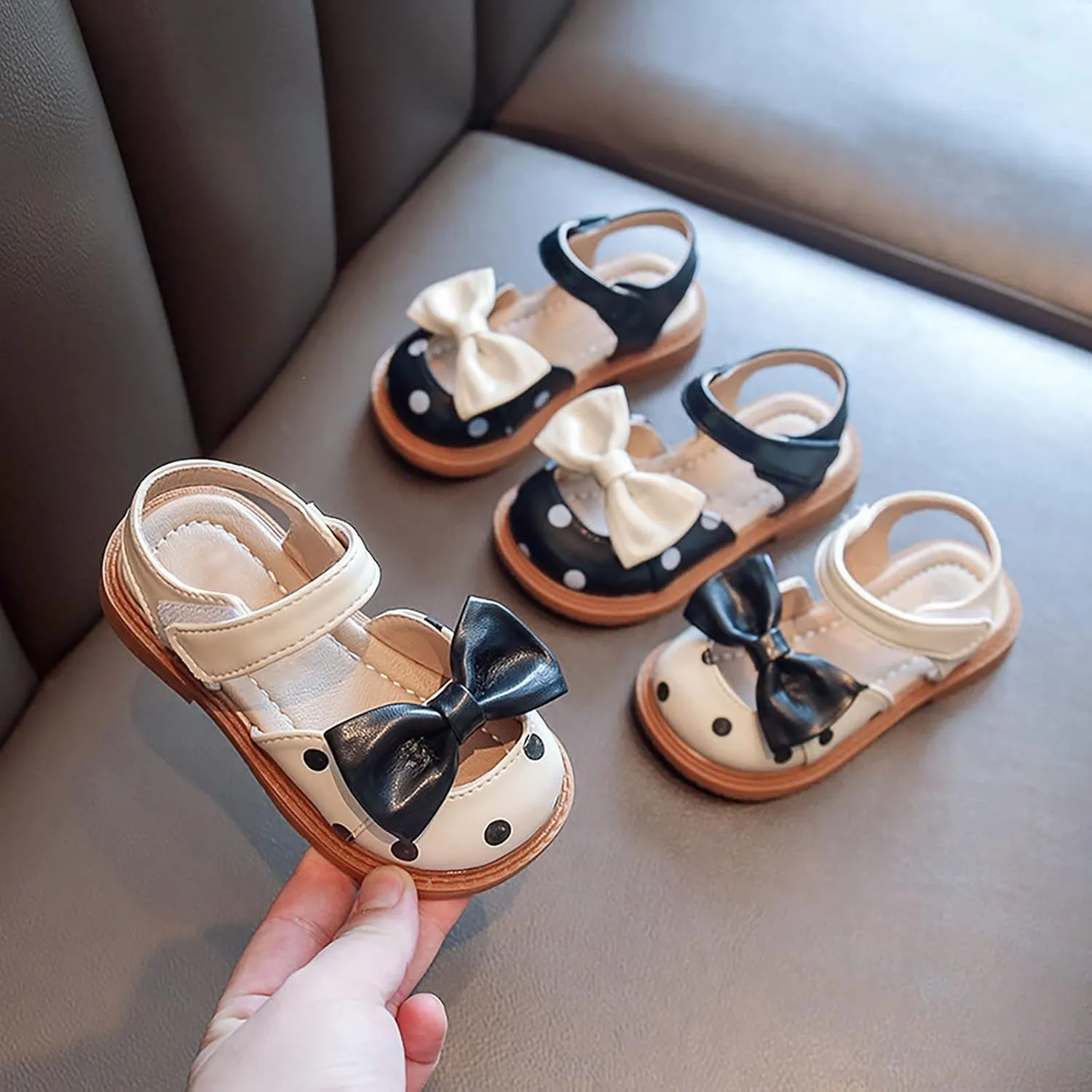Toddler Girls Sandals Polka Dot Decorated Closed Toe Open Toe Heel Sandals Bow Princess Shoes Beach Girls Sandals