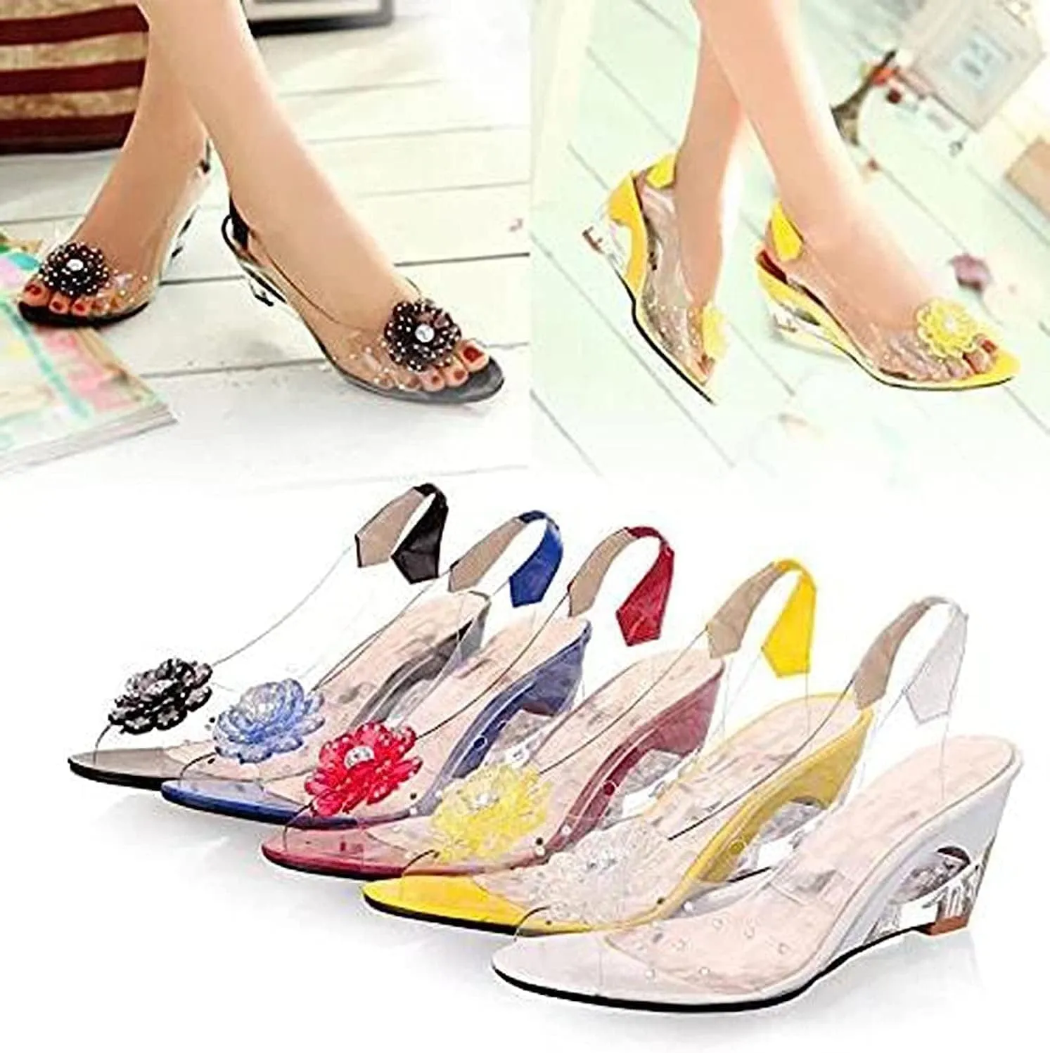 Tophacker Women's Clear Sandals See-Through Rhinestone Wedge Heel Sandals Studded Flower Design Transparent Sandals Lady's Casual Shoes Open Peep Toe Bohemia Dress Shoes
