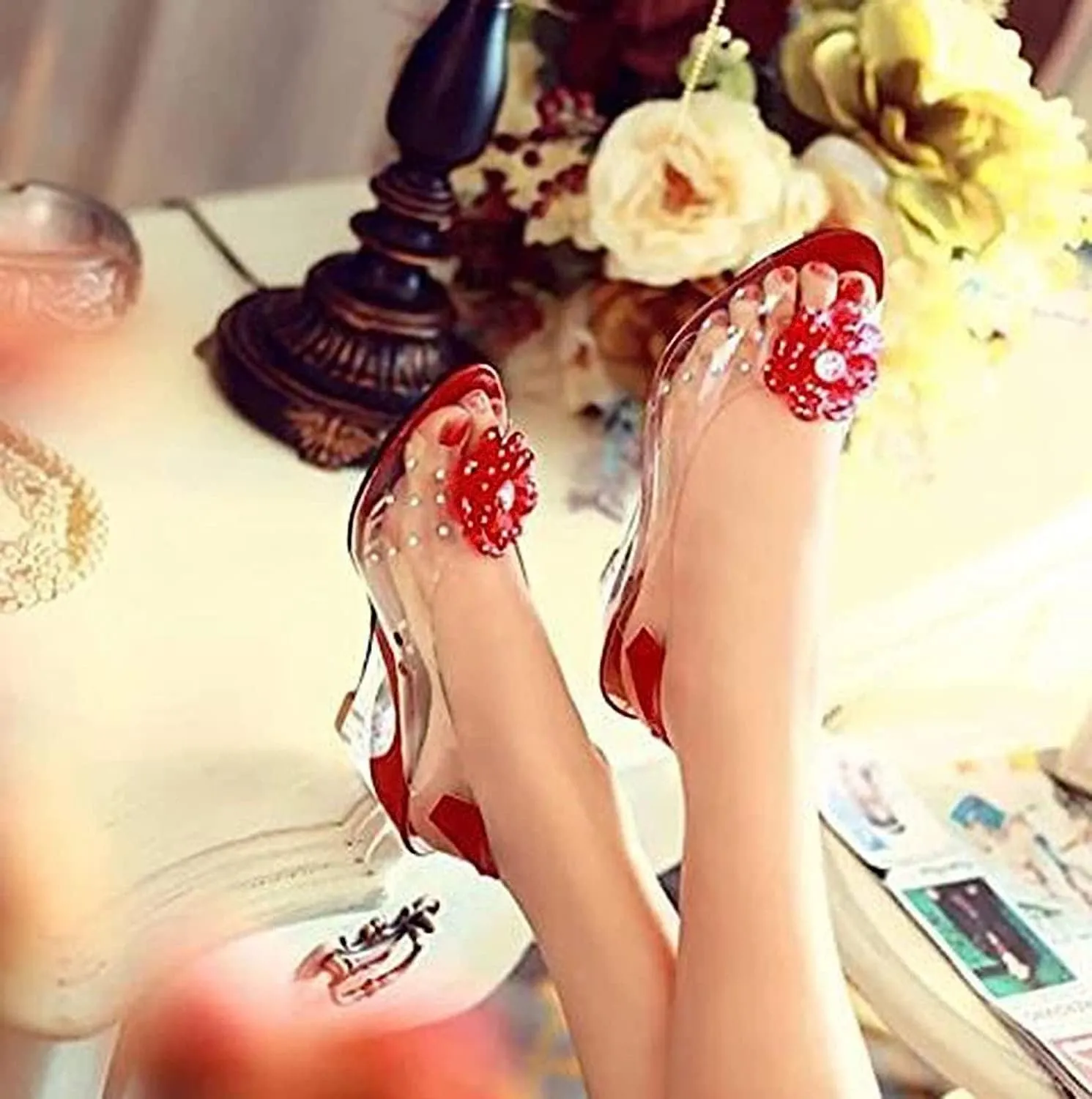 Tophacker Women's Clear Sandals See-Through Rhinestone Wedge Heel Sandals Studded Flower Design Transparent Sandals Lady's Casual Shoes Open Peep Toe Bohemia Dress Shoes