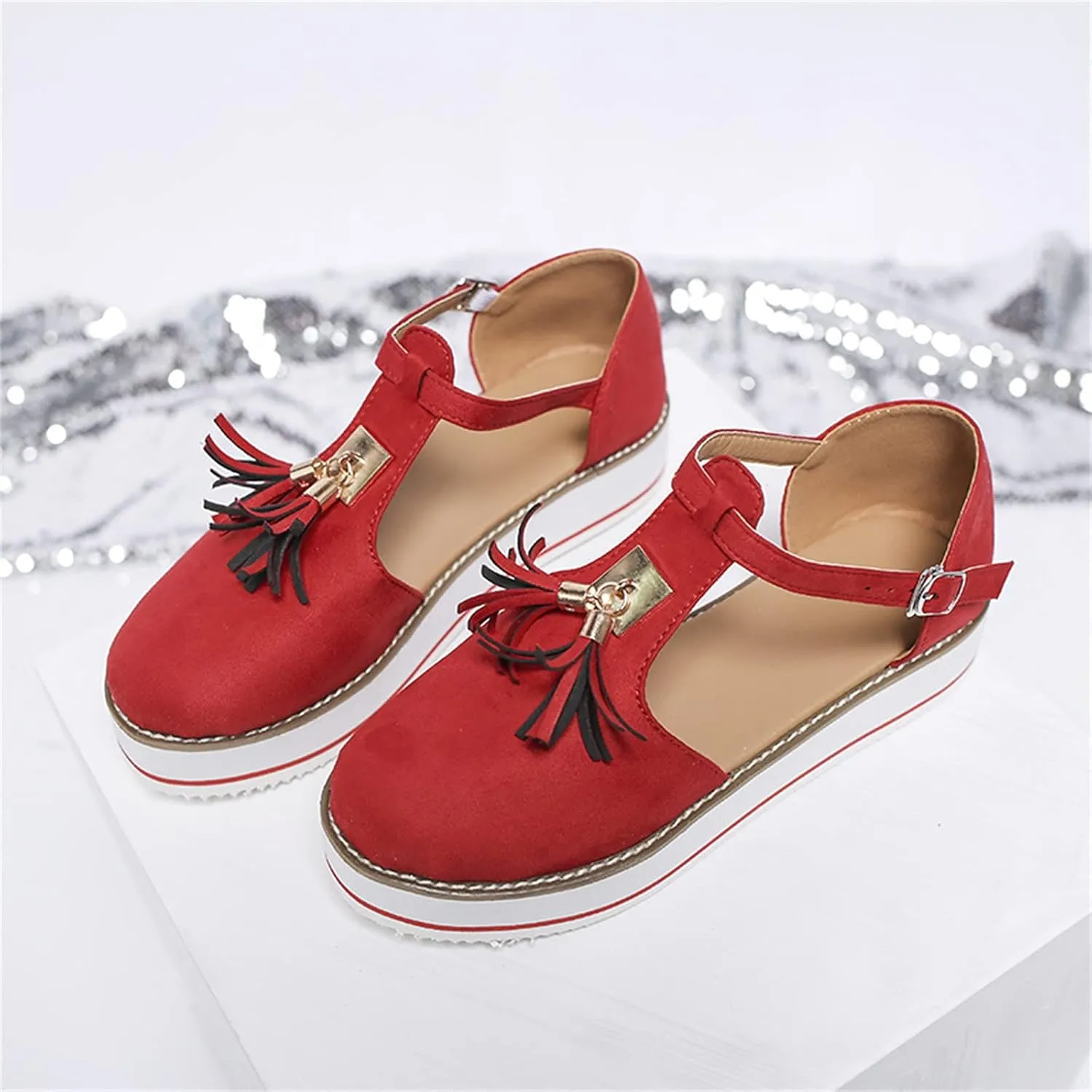 Trendy Platform Sandals with Tassels Casual Closed-Toes Ankle Strap Sandal Walking Shoes Comfortable Summer Look