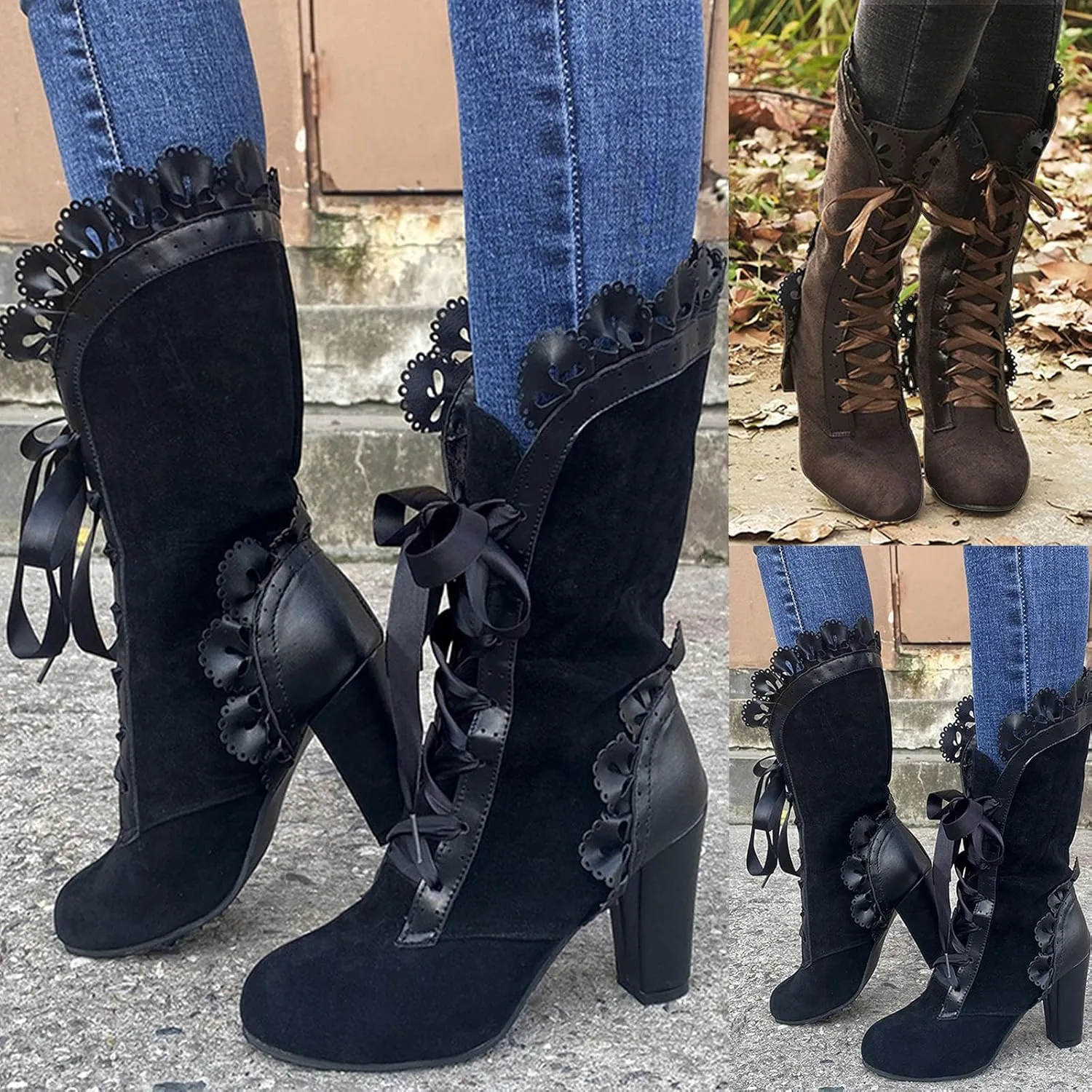 Victorian Boots for Women Lace Up Knee High Mid Calf Boots Round Toe Chunky Heel Witch Knight Fall Winter Boots