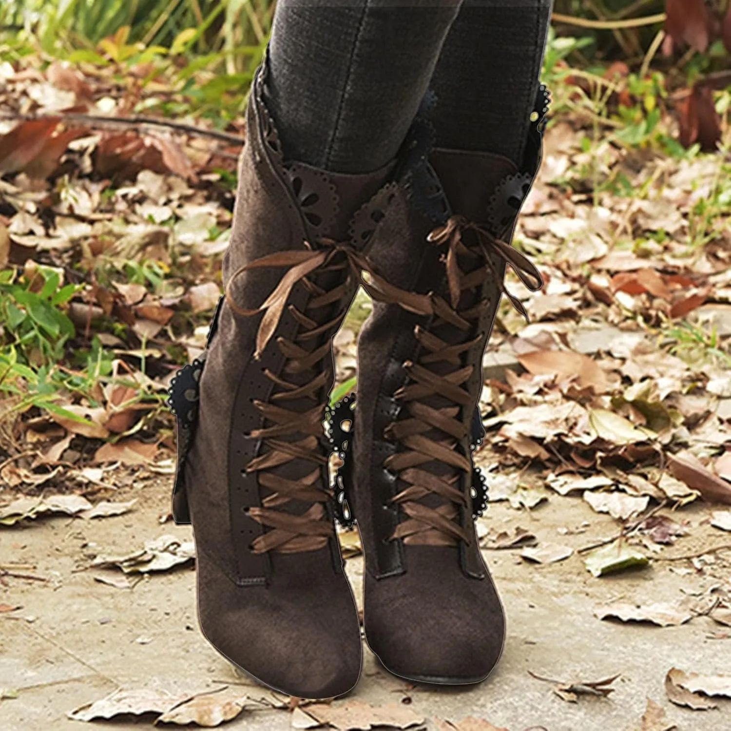Victorian Boots for Women Lace Up Knee High Mid Calf Boots Round Toe Chunky Heel Witch Knight Fall Winter Boots