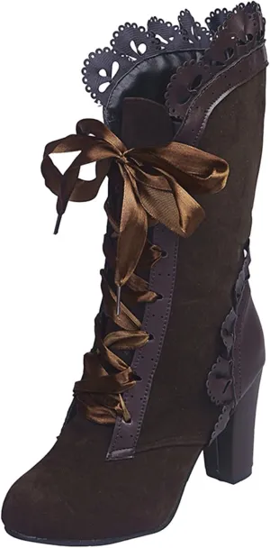 Victorian Boots for Women Lace Up Knee High Mid Calf Boots Round Toe Chunky Heel Witch Knight Fall Winter Boots