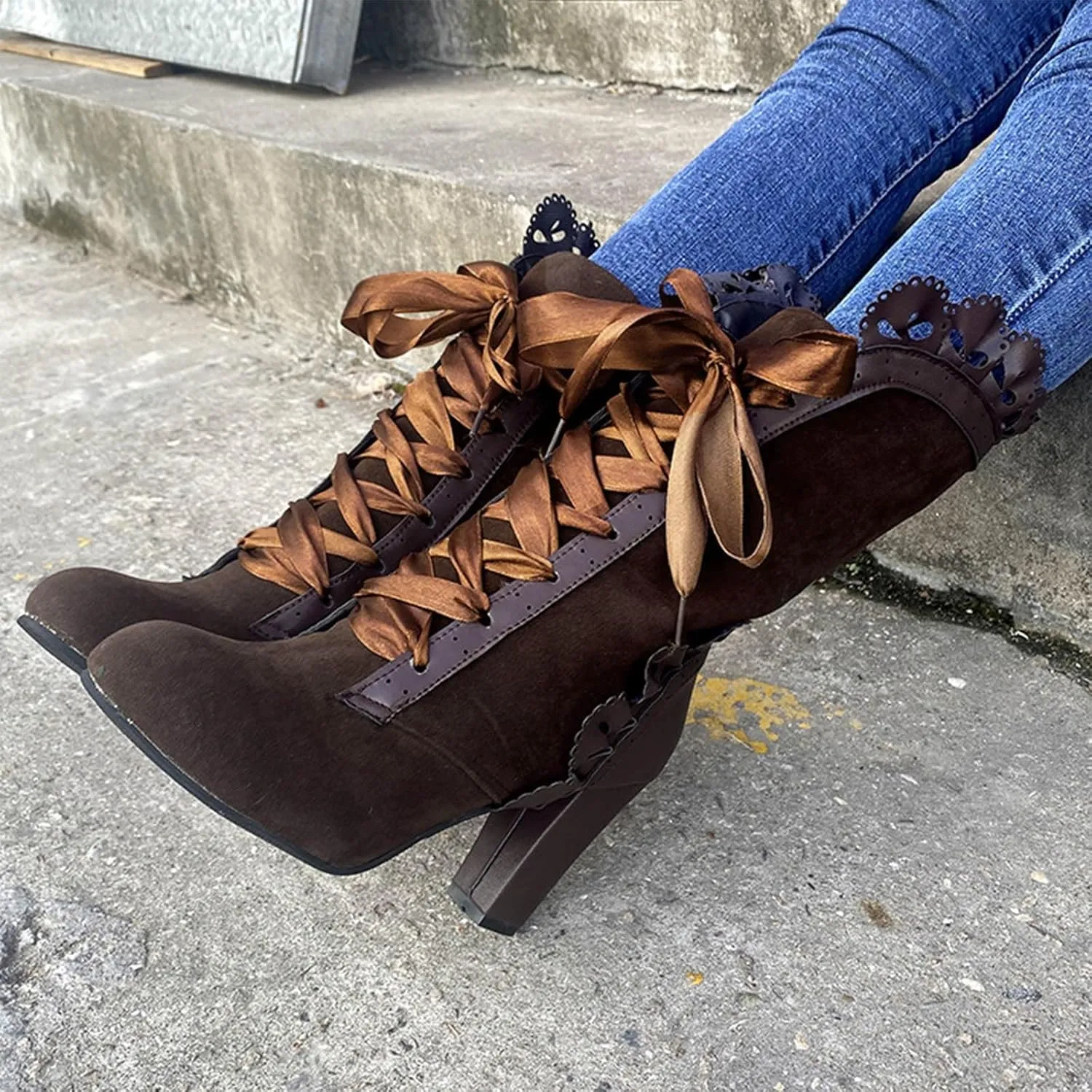 Victorian Boots for Women Lace Up Knee High Mid Calf Boots Round Toe Chunky Heel Witch Knight Fall Winter Boots