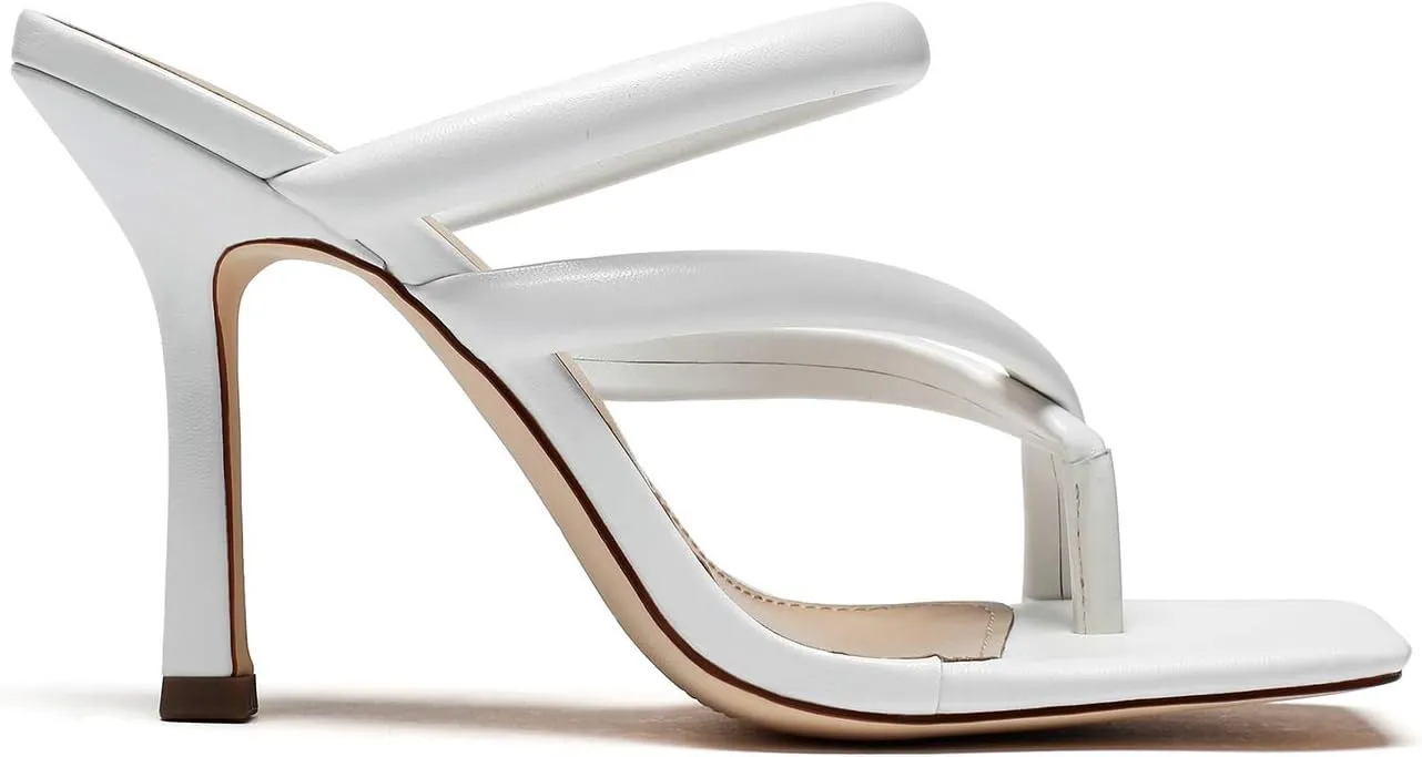 vivianly Women's Thong Heels Sandals Square Open Toe Strappy Heeled Sandal Slip on High Heel Summer Dress Wedding Shoes