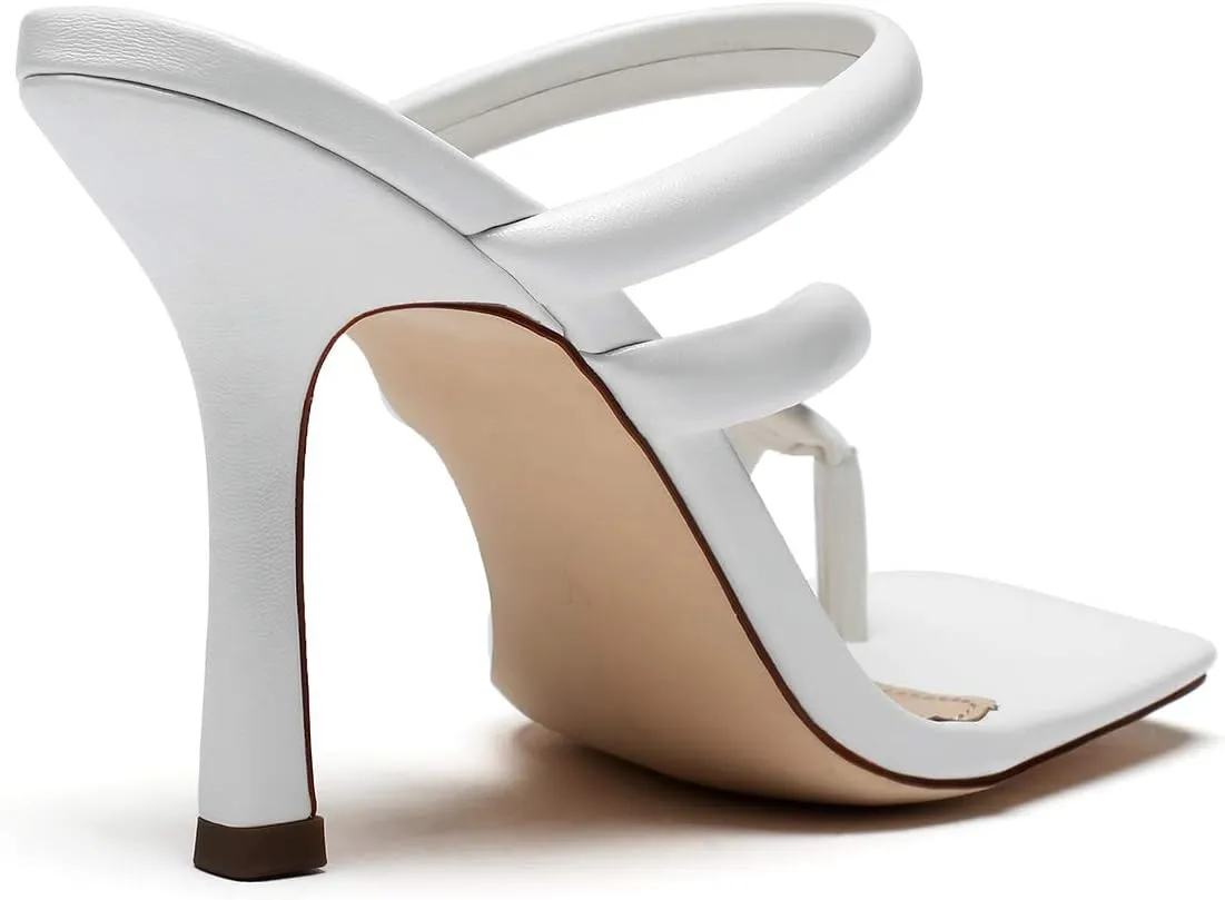 vivianly Women's Thong Heels Sandals Square Open Toe Strappy Heeled Sandal Slip on High Heel Summer Dress Wedding Shoes