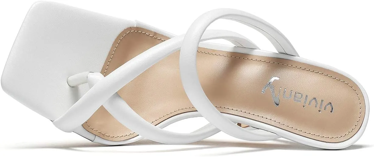vivianly Women's Thong Heels Sandals Square Open Toe Strappy Heeled Sandal Slip on High Heel Summer Dress Wedding Shoes