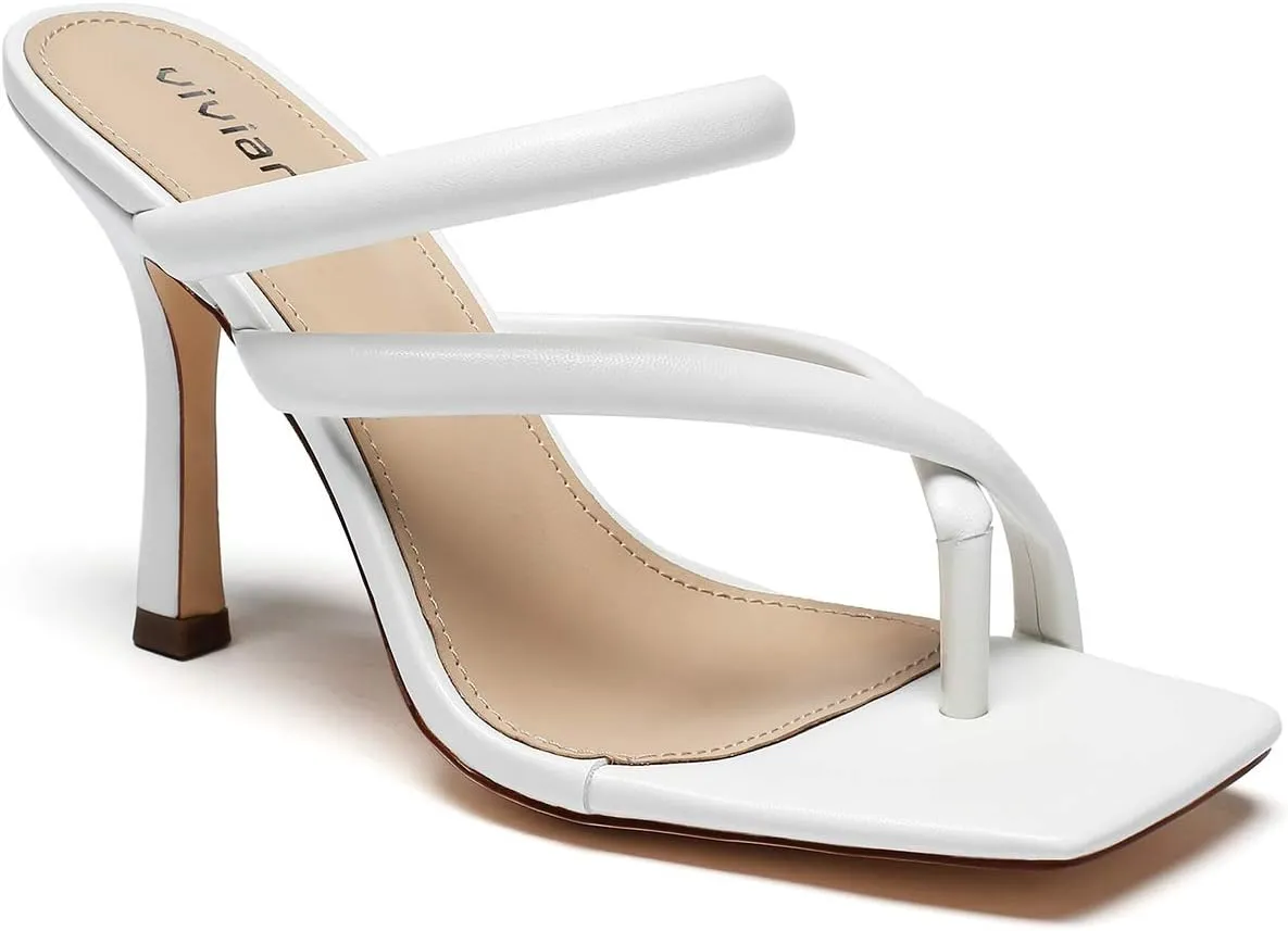 vivianly Women's Thong Heels Sandals Square Open Toe Strappy Heeled Sandal Slip on High Heel Summer Dress Wedding Shoes