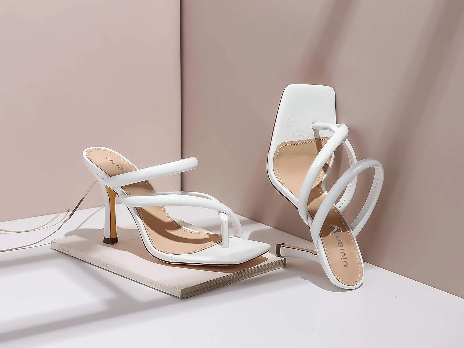 vivianly Women's Thong Heels Sandals Square Open Toe Strappy Heeled Sandal Slip on High Heel Summer Dress Wedding Shoes