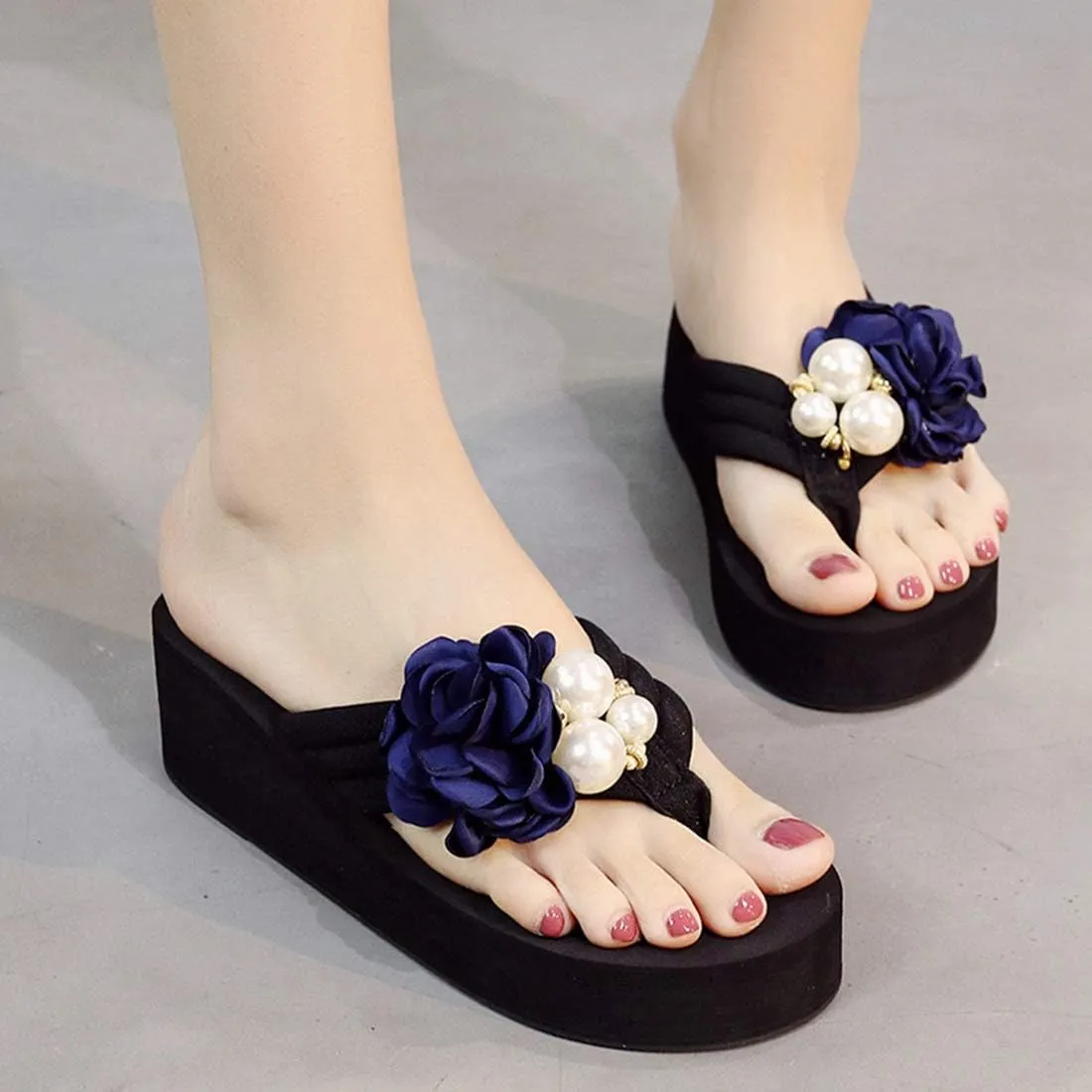 VOKLIN Women's Bohemian Flower Wedge Flipflop Sandals Summer Platform Nonslip High Heel Beach Thong Sandal