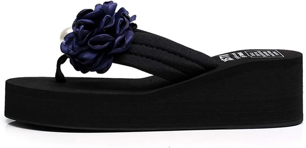 VOKLIN Women's Bohemian Flower Wedge Flipflop Sandals Summer Platform Nonslip High Heel Beach Thong Sandal