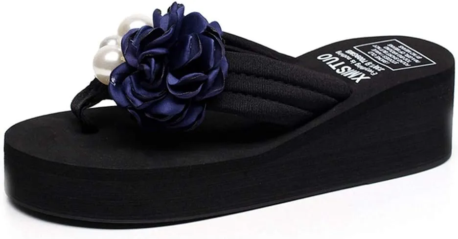 VOKLIN Women's Bohemian Flower Wedge Flipflop Sandals Summer Platform Nonslip High Heel Beach Thong Sandal