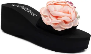 VOKLIN Women's Bohemian Flowers Wedge High Heel Slide Sandals Summer Comfort Anti-Slip Platform Beach Sandal