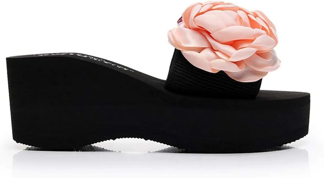 VOKLIN Women's Bohemian Flowers Wedge High Heel Slide Sandals Summer Comfort Anti-Slip Platform Beach Sandal