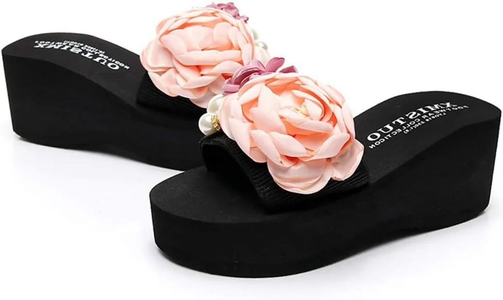 VOKLIN Women's Bohemian Flowers Wedge High Heel Slide Sandals Summer Comfort Anti-Slip Platform Beach Sandal