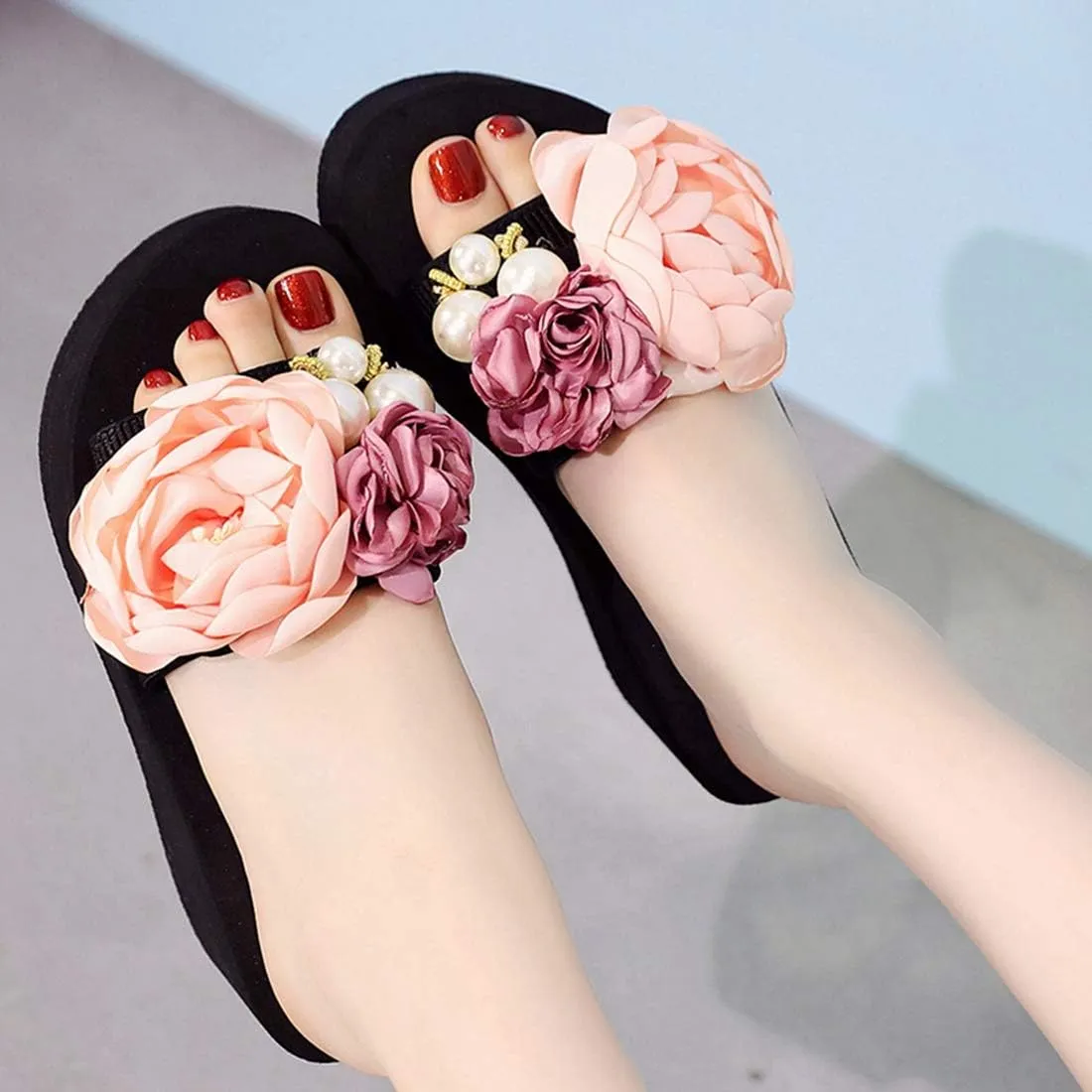 VOKLIN Women's Bohemian Flowers Wedge High Heel Slide Sandals Summer Comfort Anti-Slip Platform Beach Sandal