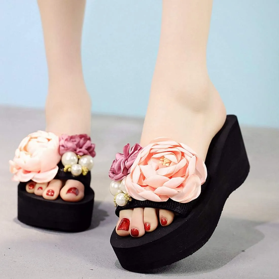 VOKLIN Women's Bohemian Flowers Wedge High Heel Slide Sandals Summer Comfort Anti-Slip Platform Beach Sandal