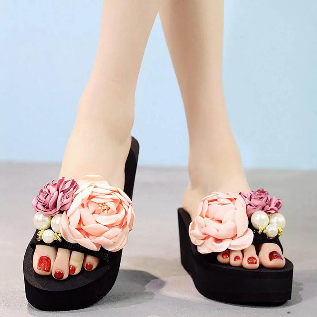 VOKLIN Women's Bohemian Flowers Wedge High Heel Slide Sandals Summer Comfort Anti-Slip Platform Beach Sandal