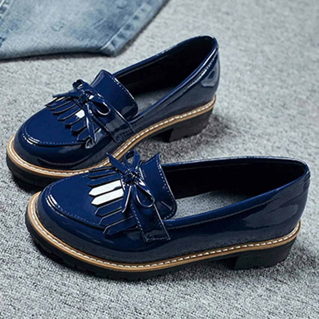 VOKLIN Women's Classic Tassels Flat Oxford Shoes Patent Leather Slip On Low Heel Bowtie School Penny Loafers