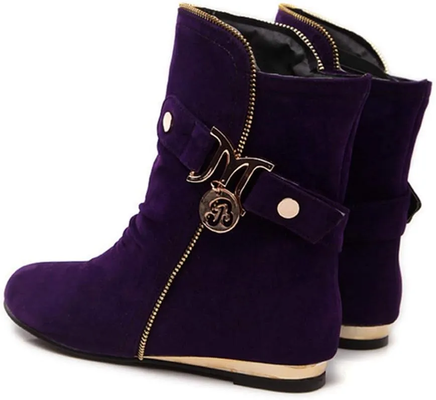 VOKLIN Women's Winter Metallic Slouch Ankle Boots Suede Quilted Zipper Flat Dressy Booties Dressy Short Boot