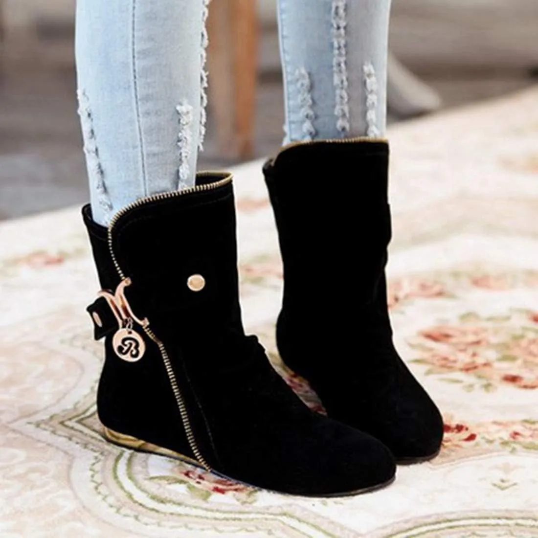 VOKLIN Women's Winter Metallic Slouch Ankle Boots Suede Quilted Zipper Flat Dressy Booties Dressy Short Boot
