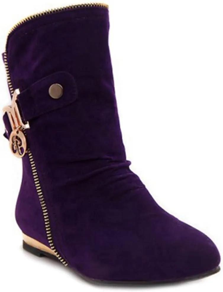 VOKLIN Women's Winter Metallic Slouch Ankle Boots Suede Quilted Zipper Flat Dressy Booties Dressy Short Boot