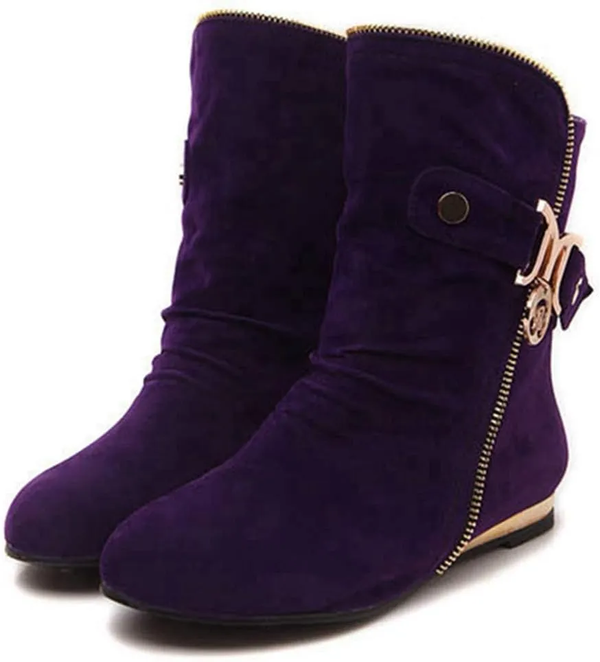 VOKLIN Women's Winter Metallic Slouch Ankle Boots Suede Quilted Zipper Flat Dressy Booties Dressy Short Boot