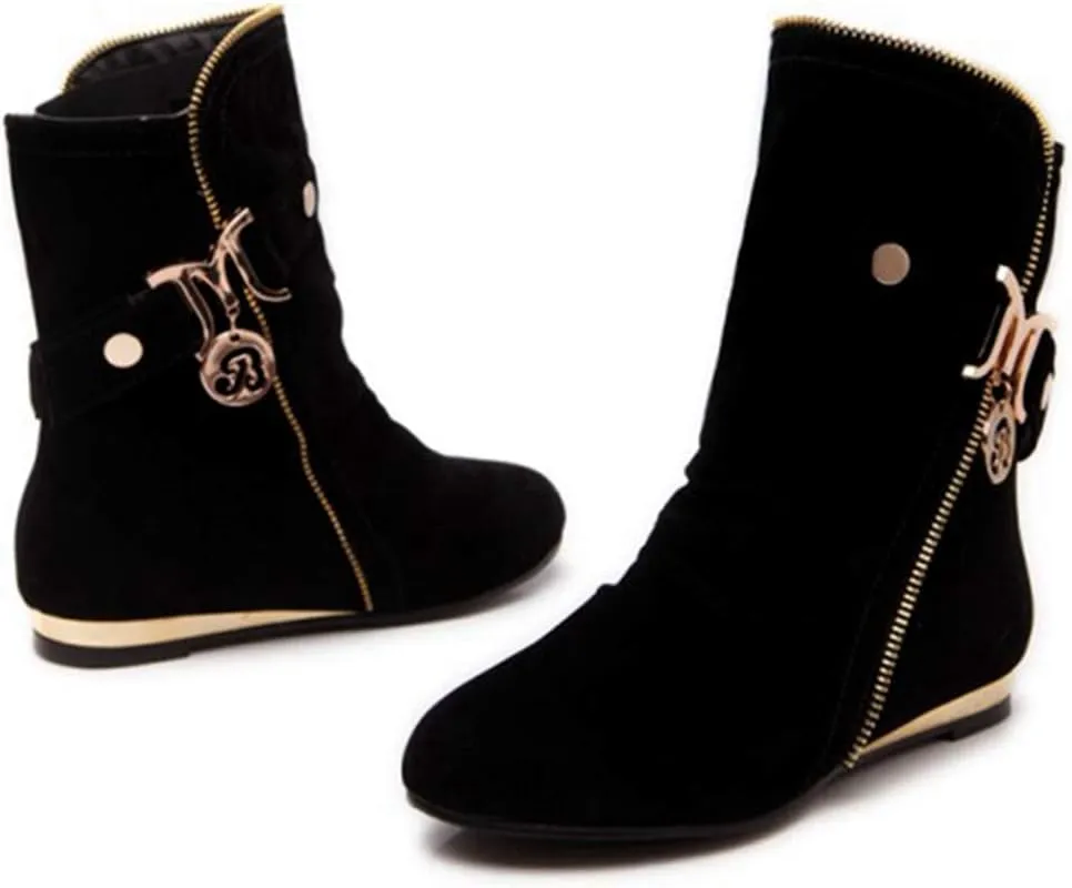 VOKLIN Women's Winter Metallic Slouch Ankle Boots Suede Quilted Zipper Flat Dressy Booties Dressy Short Boot