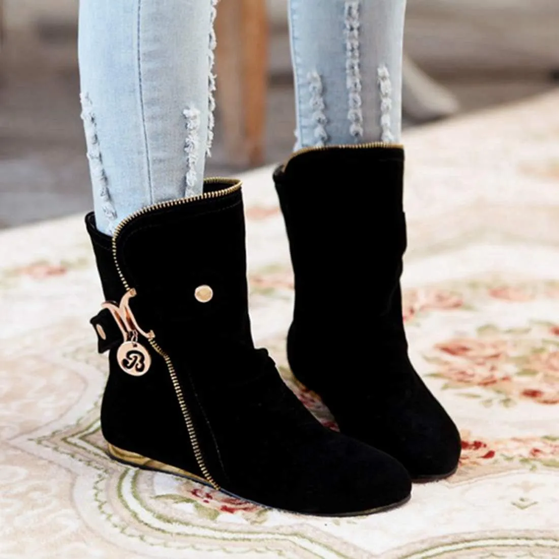 VOKLIN Women's Winter Metallic Slouch Ankle Boots Suede Quilted Zipper Flat Dressy Booties Dressy Short Boot