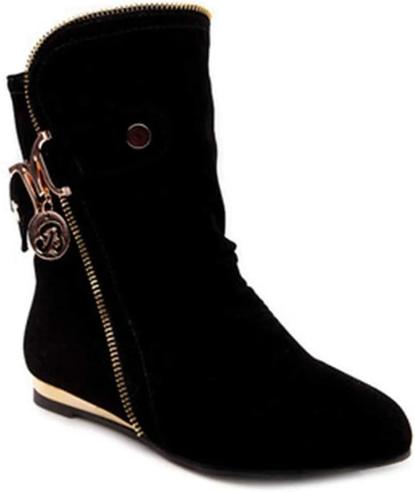 VOKLIN Women's Winter Metallic Slouch Ankle Boots Suede Quilted Zipper Flat Dressy Booties Dressy Short Boot