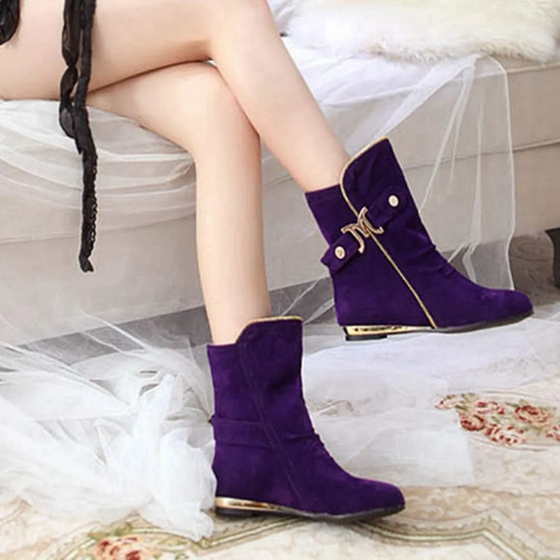 VOKLIN Women's Winter Metallic Slouch Ankle Boots Suede Quilted Zipper Flat Dressy Booties Dressy Short Boot