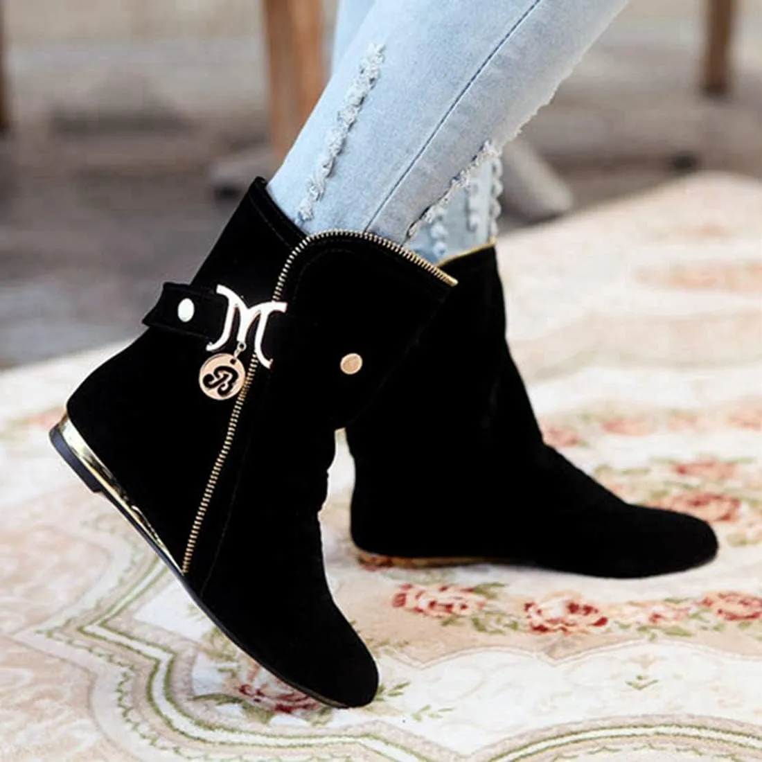 VOKLIN Women's Winter Metallic Slouch Ankle Boots Suede Quilted Zipper Flat Dressy Booties Dressy Short Boot
