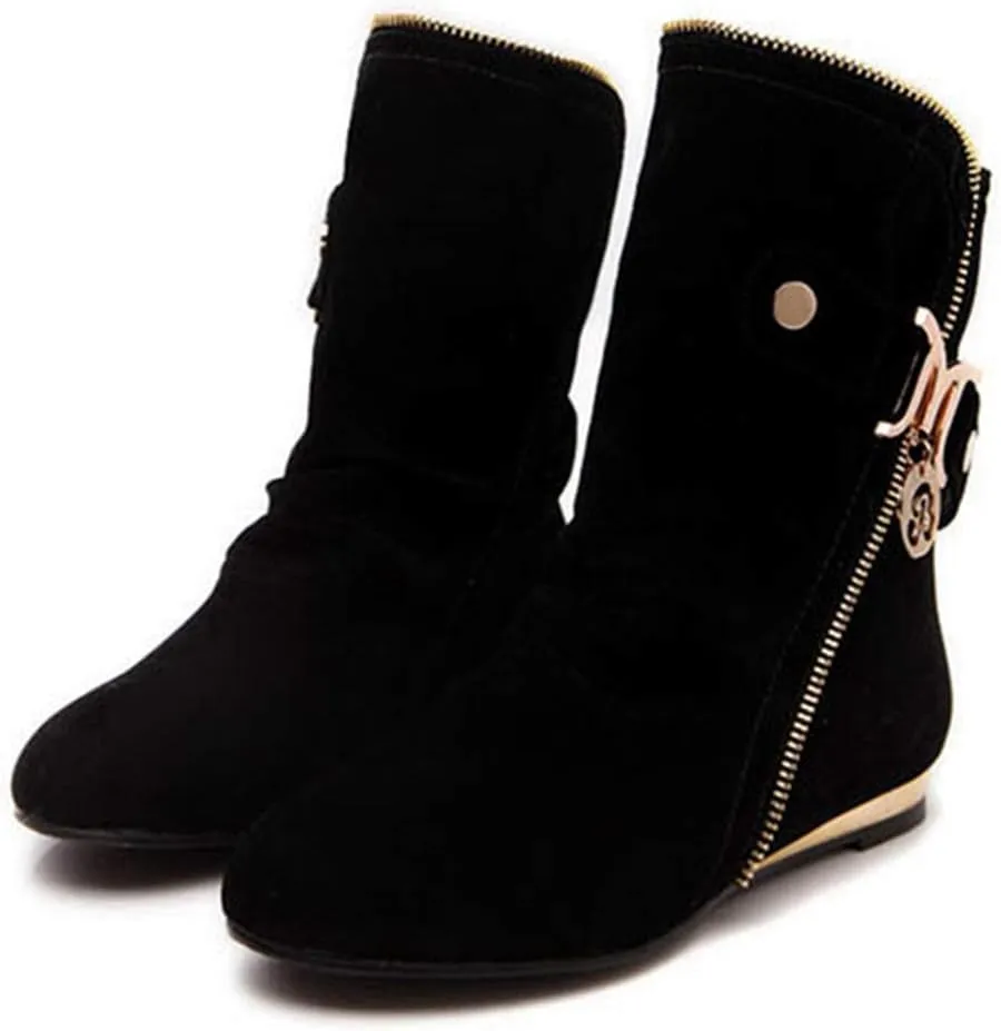 VOKLIN Women's Winter Metallic Slouch Ankle Boots Suede Quilted Zipper Flat Dressy Booties Dressy Short Boot