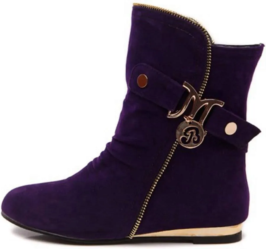 VOKLIN Women's Winter Metallic Slouch Ankle Boots Suede Quilted Zipper Flat Dressy Booties Dressy Short Boot