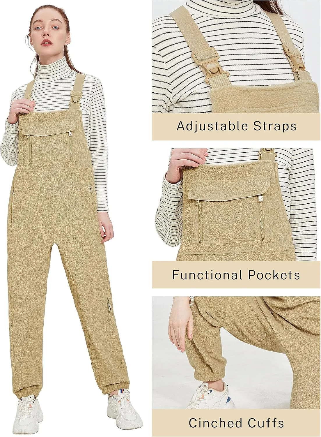 Warm Fleece Overalls for Women Winter Fuzzy Jumpsuits Adjustable Strap Sleeveless Fluffy Pants with Pockets