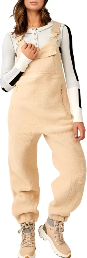 Warm Fleece Overalls for Women Winter Fuzzy Jumpsuits Adjustable Strap Sleeveless Fluffy Pants with Pockets