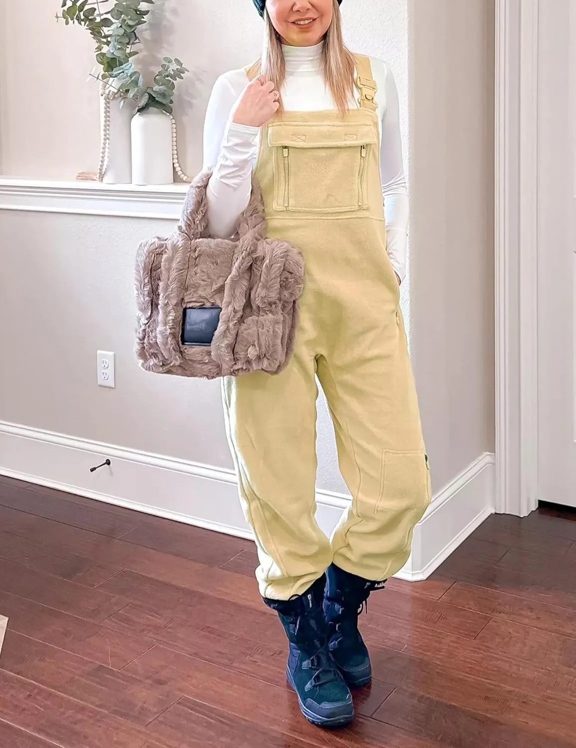 Warm Fleece Overalls for Women Winter Fuzzy Jumpsuits Adjustable Strap Sleeveless Fluffy Pants with Pockets