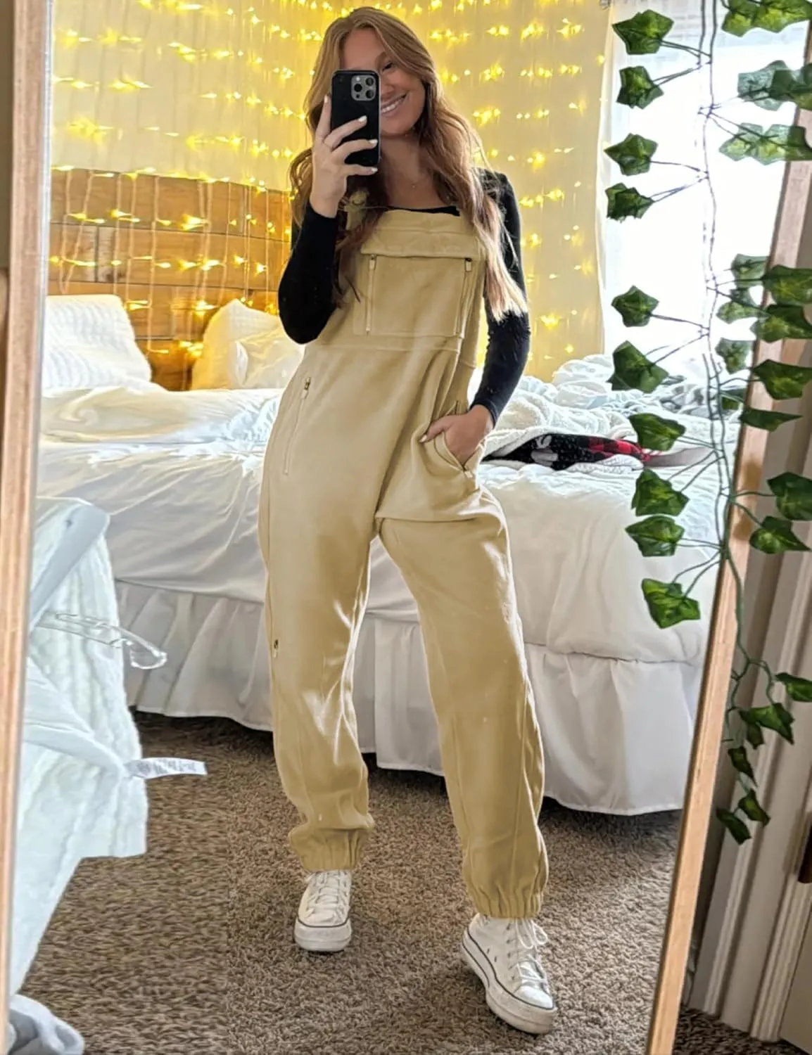 Warm Fleece Overalls for Women Winter Fuzzy Jumpsuits Adjustable Strap Sleeveless Fluffy Pants with Pockets