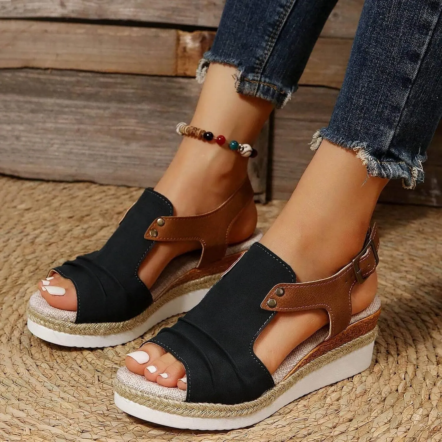 Wedge Sandals for Women,Espadrilles for Women Open Toe Ankle Strap Wedge Heels Sandals Platform Dressy Summer Sandals Wide Width Comfortable Orthopedic Sandals Casual